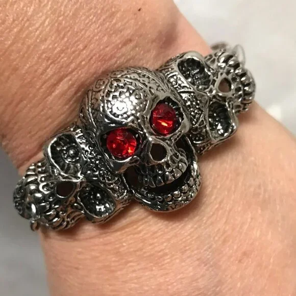 COPY - Skull  Bracelet Mens Biker Silver Rock Goth Moto Gothic Motorcycle Hallo… - Picture 2 of 6